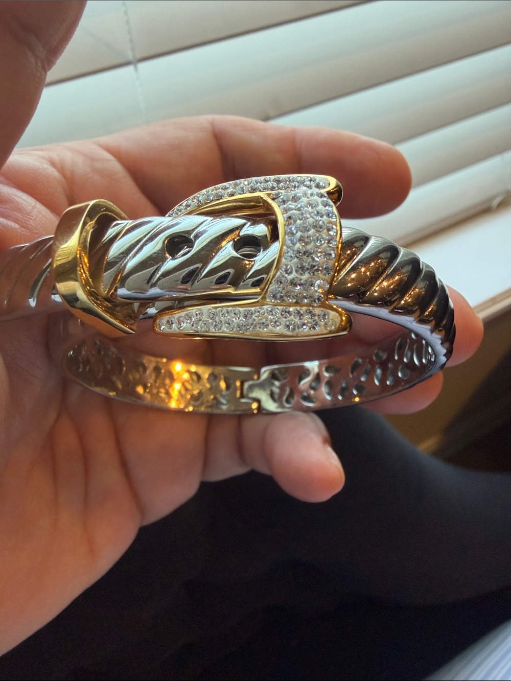 Two-Tone Gold & Silver Pave Buckle Bracelet - Women's Jewelry